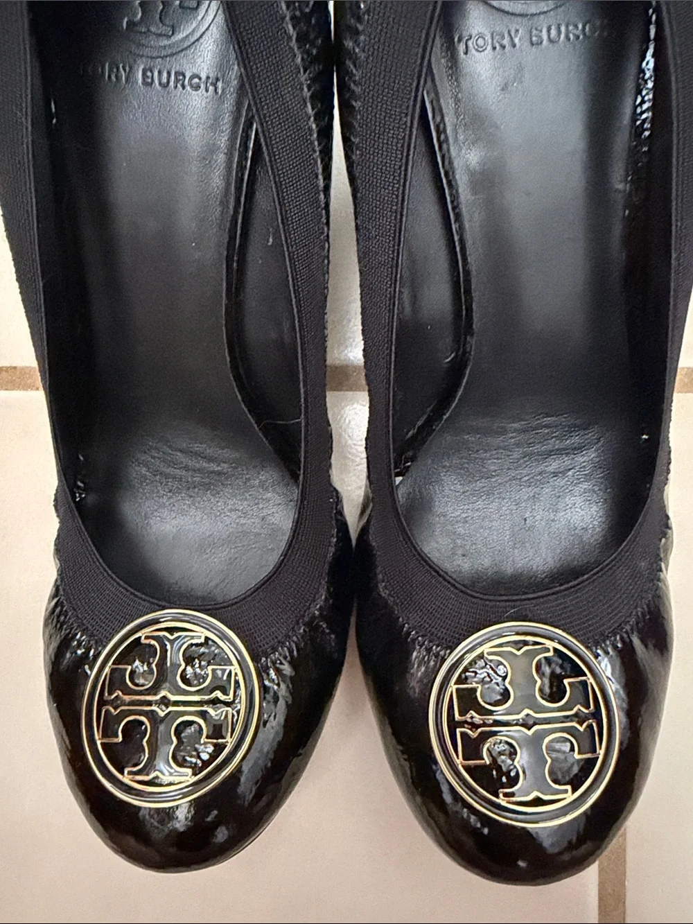 Tory Burch Black Patent Leather Heels with Gold Logo Medallion
